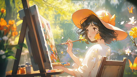 春天戴着黄色遮阳帽的在户外画画写生的卡通女孩背景图片