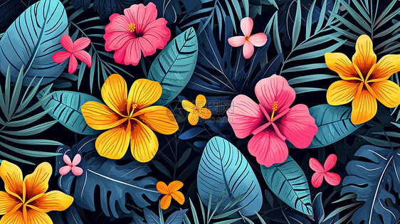 扁平分卡通植物与花朵小清新卡通背景图片