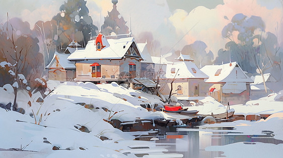 冬天小河旁两座卡通小木屋唯美风景画图片