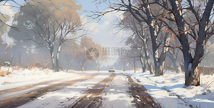 冬天雪后行驶在林间公路上的一辆小小的汽车图片