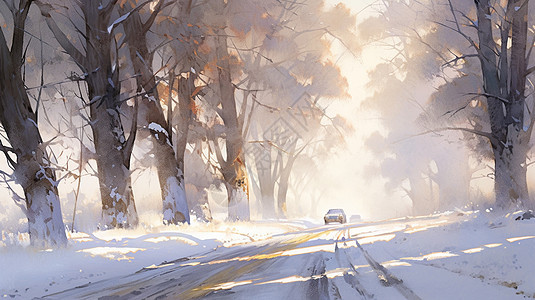 冬天雪后高大的树下一条小路上行驶着两辆小汽车图片