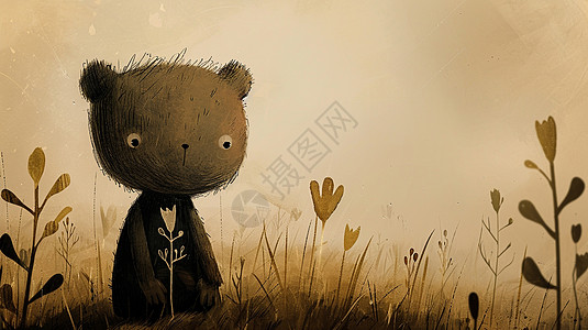 复古风可爱的卡通小熊在花丛中背景图片
