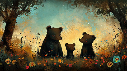 在森林中三只可爱的卡通小熊复古风插画图片
