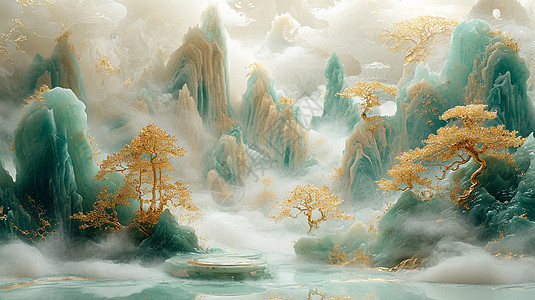 盆景唯美梦幻的古风玉石山川上几棵金色古松插画