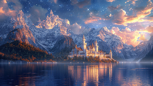 傍晚高高的雪山下一座美丽梦幻的卡通城堡图片