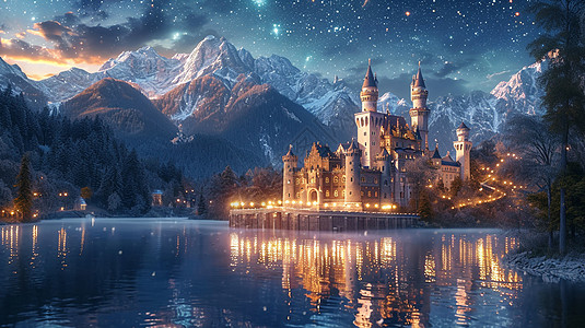 夜晚梦幻星空下湖边一座美丽的卡通城堡图片