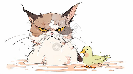 生气表情可爱卡通小花猫与小鸭子背景图片