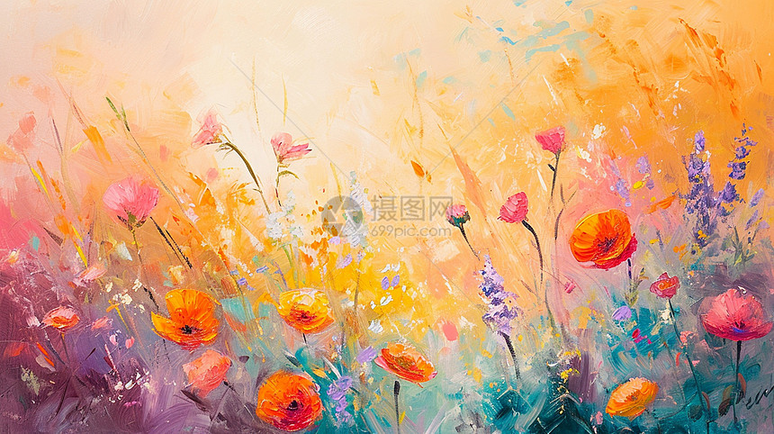 复古抽象梦幻的卡通花丛油画风插画图片