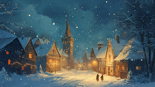 冬天夜晚大雪中在村庄路上行走的两个人唯美插画图片