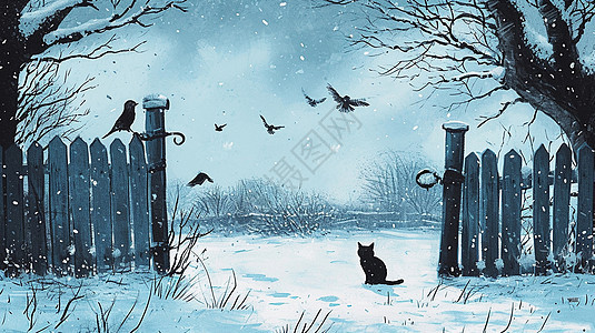 冬天雪地中一只卡通小黑猫看着远处的飞鸟卡通风景画图片