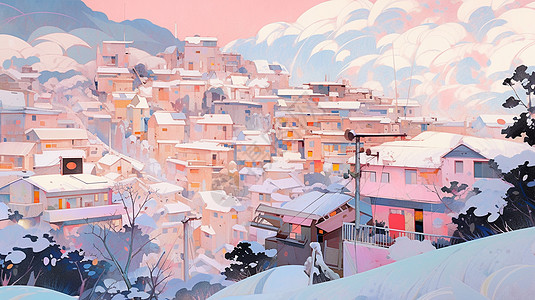 冬天唯美梦幻的雪中卡通小镇风景图片