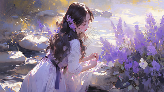 头戴紫色小花欣赏花朵的长裙卡通女孩图片