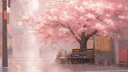 古风院落中一棵开满粉色花朵的大树在雨中唯美卡通风景画图片
