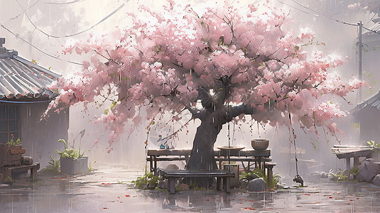春天街角处一棵盛开的卡通桃树图片