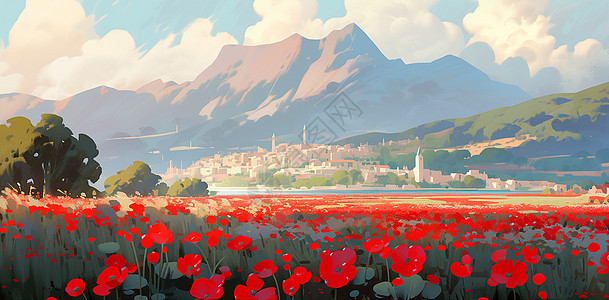 春天一片红色花朵盛开与远处山脚下梦幻的卡通复古村庄图片