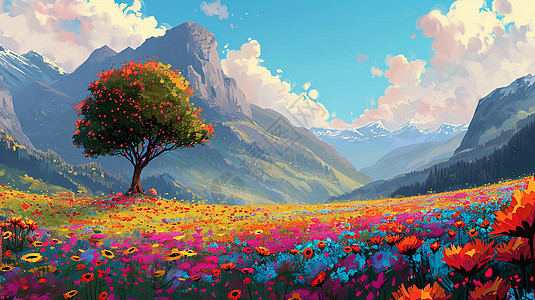 开满花朵的山坡上一棵小树远处美丽的崇山卡通风景图片