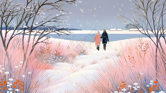 冬天大雪中在湖边散步的一堆卡通情侣背景图片