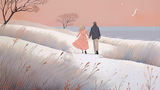 手拉手在湖边散步的卡通青年情侣背影图片