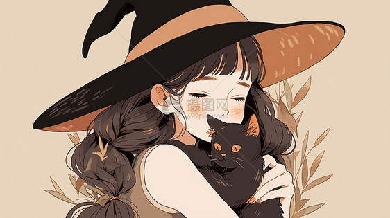 戴着帽子长发小清新卡通小女孩怀中抱着一只黑猫图片