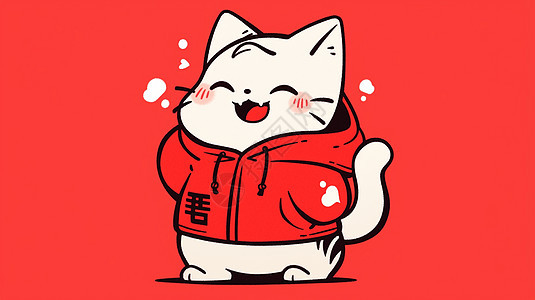 穿着红色大毛衣的卡通小白猫图片