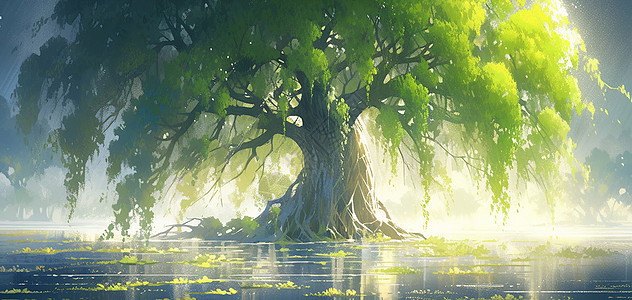 春天在湖中心的一棵高大嫩绿色卡通大树图片