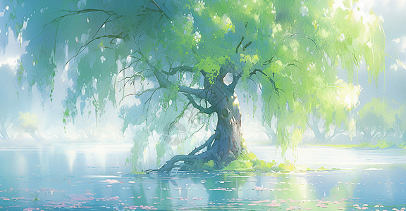 春天在湖中心一棵梦幻的嫩绿色卡通古树图片