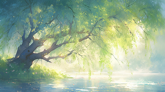 春天在湖畔发芽的嫩绿色梦幻卡通古树图片