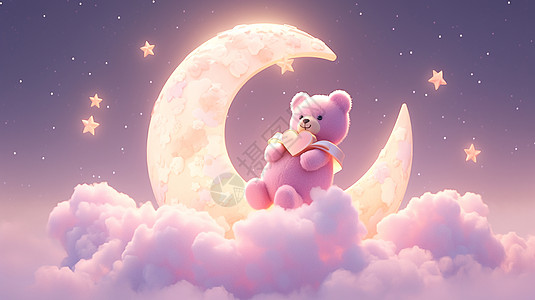 卡通熊在云朵上月牙旁可爱的粉色卡通玩具熊插画
