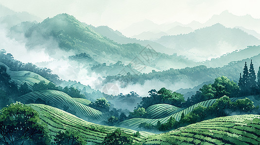 春天云雾间美丽的山坡田地卡通风景图片