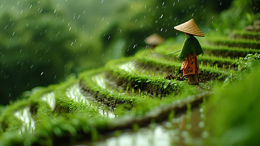 春天雨中正在劳作的卡通农民背景图片