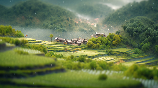 雨中山间一座古风秀丽的卡通小村庄图片
