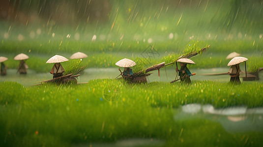 春天大雨中戴着草帽一群干活的卡通农民背景图片