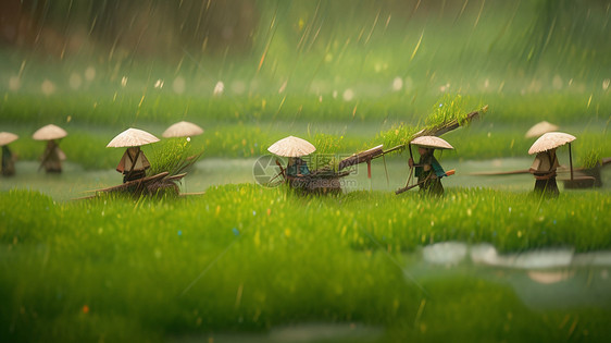 春天大雨中戴着草帽一群干活的卡通农民图片