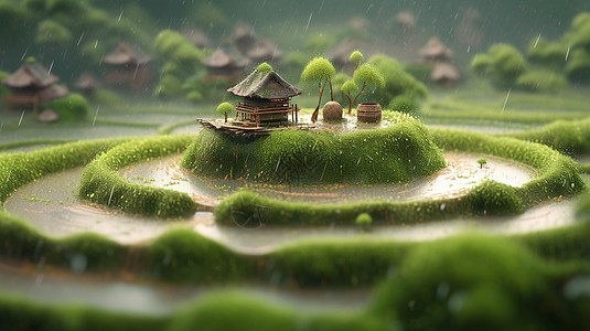 春天大雨中小岛上的一座卡通小草屋背景图片