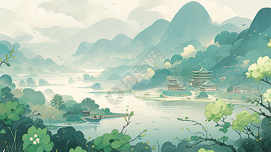 小河风景春天河畔一座美丽的古风卡通房子唯美风景画插画