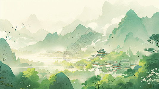 风景  梦幻唯美梦幻春天古风山水画卡通风景插画