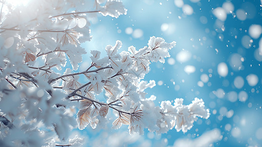 冬天雪中挂满白雪的梦幻唯美的卡通树枝插画