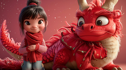 穿着粉色毛衣与红色可爱的龙在一起的立体卡通小女孩图片