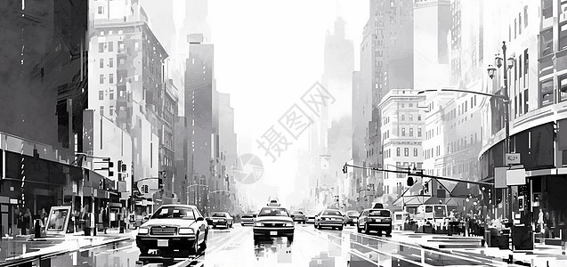 黑白色复古卡通插画城市街道图片