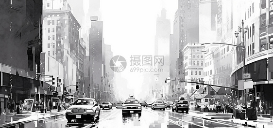 黑白色复古卡通插画城市街道图片