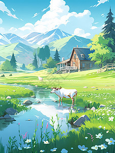 春天在小溪边悠闲吃草的卡通小牛身影唯美春天风景插画图片