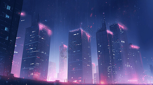 夜晚大雨中几座高高的现代卡通高楼图片