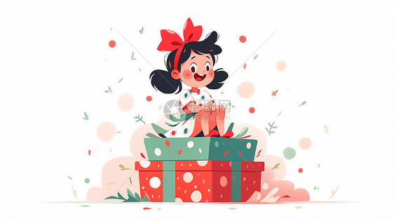 头戴红色蝴蝶结坐在礼物盒上开心笑的可爱卡通小女孩图片
