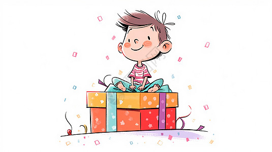 红脸蛋可爱的卡通小男孩坐在大大的礼物盒上图片