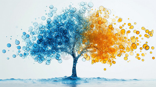 梦幻抽象的卡通树一半蓝色一半黄色背景图片