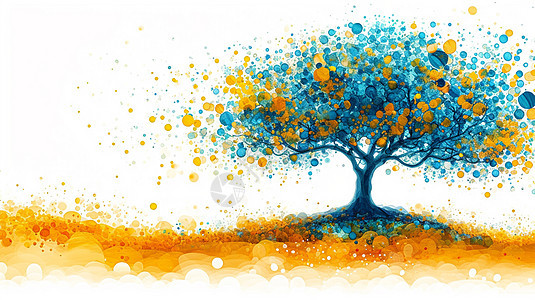 梦幻抽象的黄色土地上生长出一棵蓝色的树背景图片