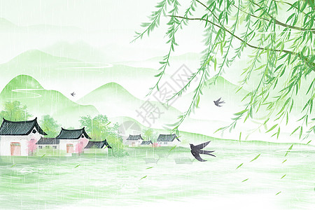 雨水玻璃窗新中式国风春雨朦胧烟雨江南风景插画插画
