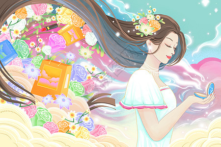 手绘风节日女王节氛围鲜花礼物场景插画背景图片