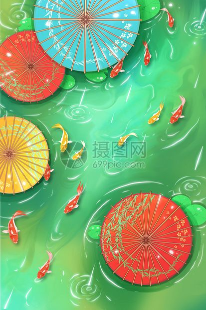 水彩手绘风节气节日雨水荷塘锦鲤油纸伞插画图片