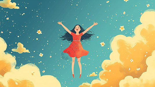 穿红色连衣裙的卡通女孩双手展开跳上云端的卡通女孩在开心笑图片